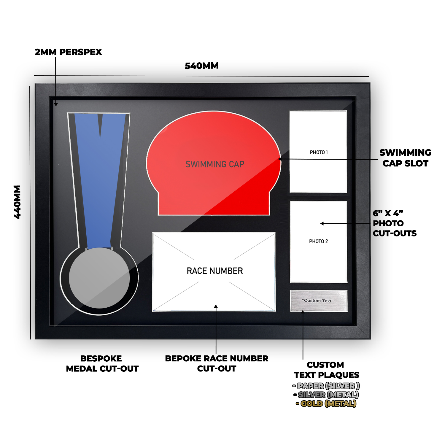 Custom Triathlon Medal, Number and Swimming Cap Framing Kit - Image 3